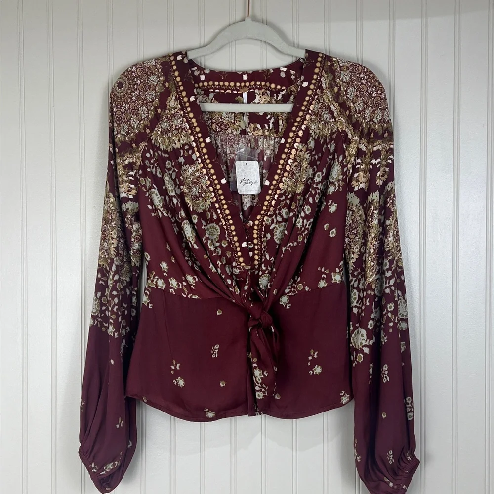 NWT Free People Run Free V-Neck Long Balloon Sleeve Chocolate Combo Size XS